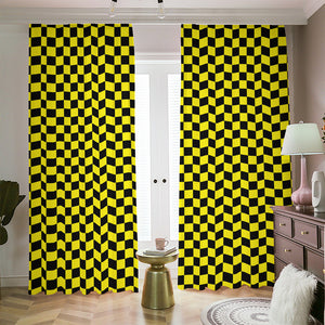 Yellow And Black Checkered Pattern Print Blackout Pencil Pleat Curtains