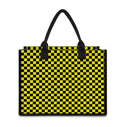 Yellow And Black Checkered Pattern Print Canvas Tote Bag