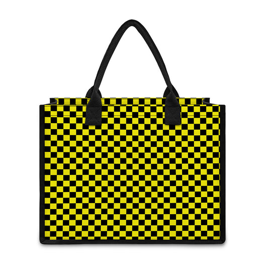 Yellow And Black Checkered Pattern Print Canvas Tote Bag