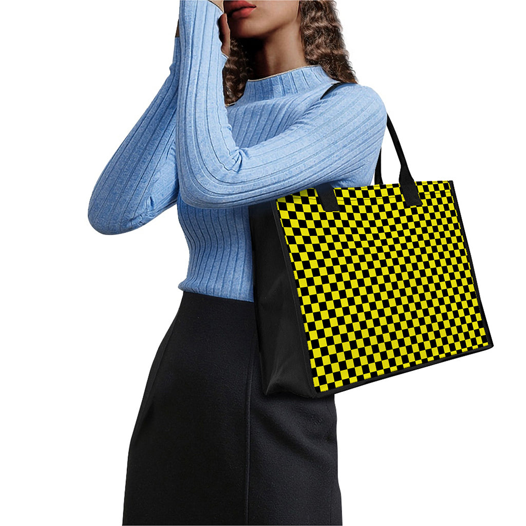 Yellow And Black Checkered Pattern Print Canvas Tote Bag