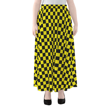 Yellow And Black Checkered Pattern Print Chiffon Maxi Skirt