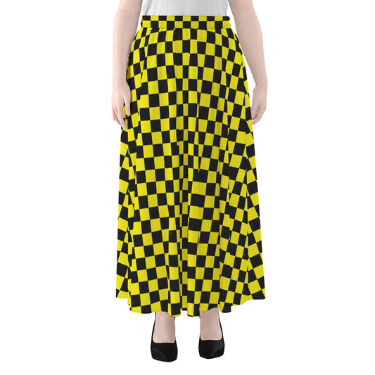 Yellow And Black Checkered Pattern Print Chiffon Maxi Skirt