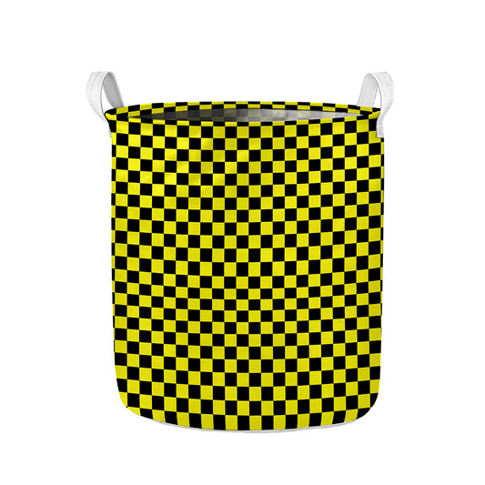 Yellow And Black Checkered Pattern Print Collapsible Laundry Basket