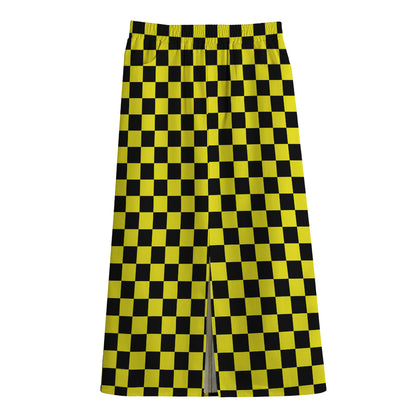 Yellow And Black Checkered Pattern Print Cotton Front Slit Maxi Skirt