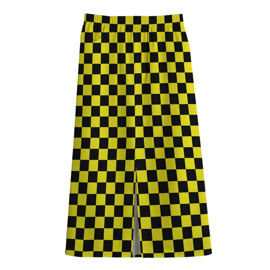 Yellow And Black Checkered Pattern Print Cotton Front Slit Maxi Skirt