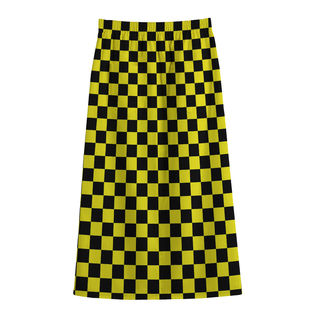 Yellow And Black Checkered Pattern Print Cotton Front Slit Maxi Skirt