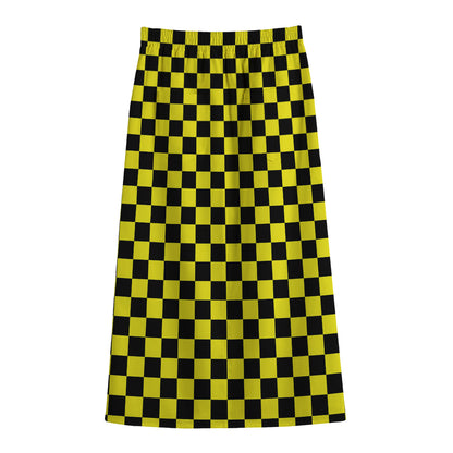 Yellow And Black Checkered Pattern Print Cotton Front Slit Maxi Skirt