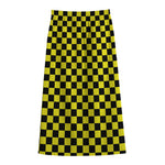 Yellow And Black Checkered Pattern Print Cotton Front Slit Maxi Skirt
