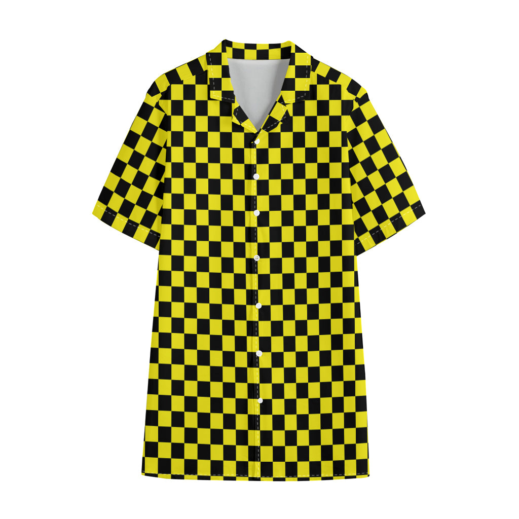 Yellow And Black Checkered Pattern Print Cotton Hawaiian Shirt