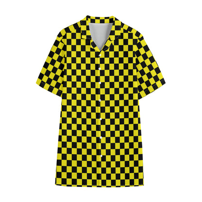 Yellow And Black Checkered Pattern Print Cotton Hawaiian Shirt