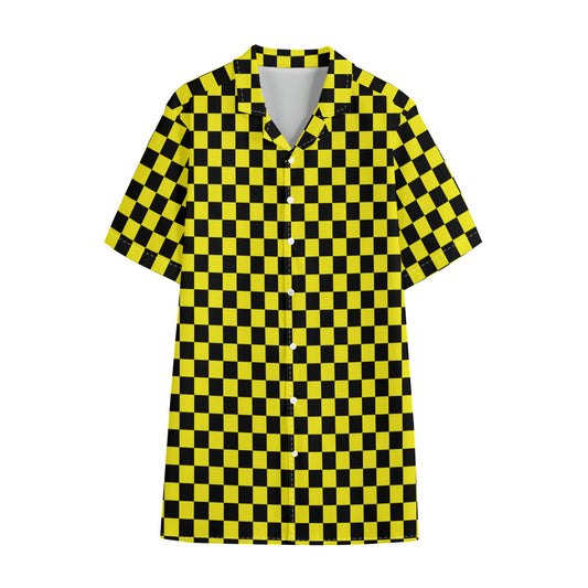 Yellow And Black Checkered Pattern Print Cotton Hawaiian Shirt