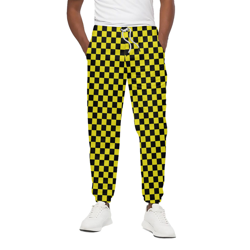 Yellow And Black Checkered Pattern Print Cotton Pants