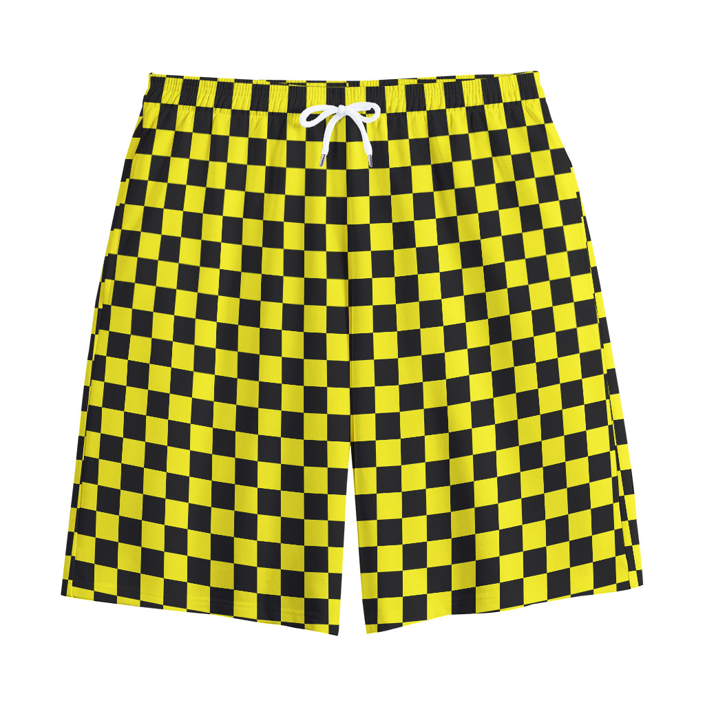 Yellow And Black Checkered Pattern Print Cotton Shorts