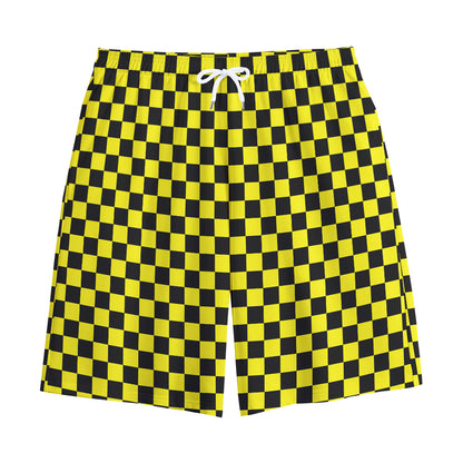 Yellow And Black Checkered Pattern Print Cotton Shorts