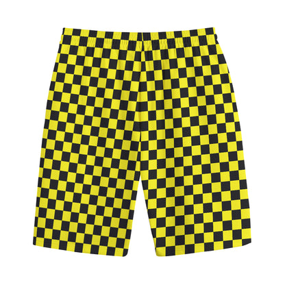 Yellow And Black Checkered Pattern Print Cotton Shorts