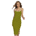Yellow And Black Checkered Pattern Print Cross Back Cami Dress