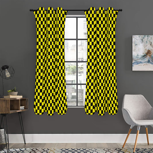 Yellow And Black Checkered Pattern Print Curtain