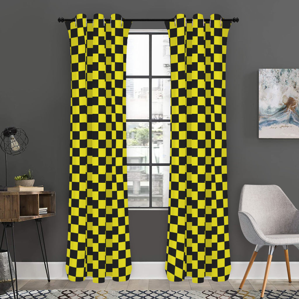 Yellow And Black Checkered Pattern Print Curtain