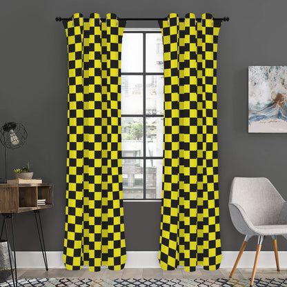 Yellow And Black Checkered Pattern Print Curtain