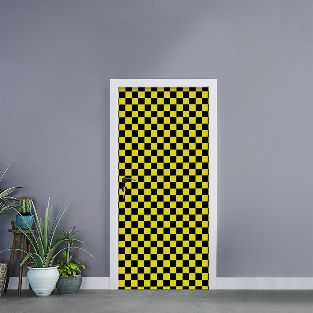 Yellow And Black Checkered Pattern Print Door Sticker
