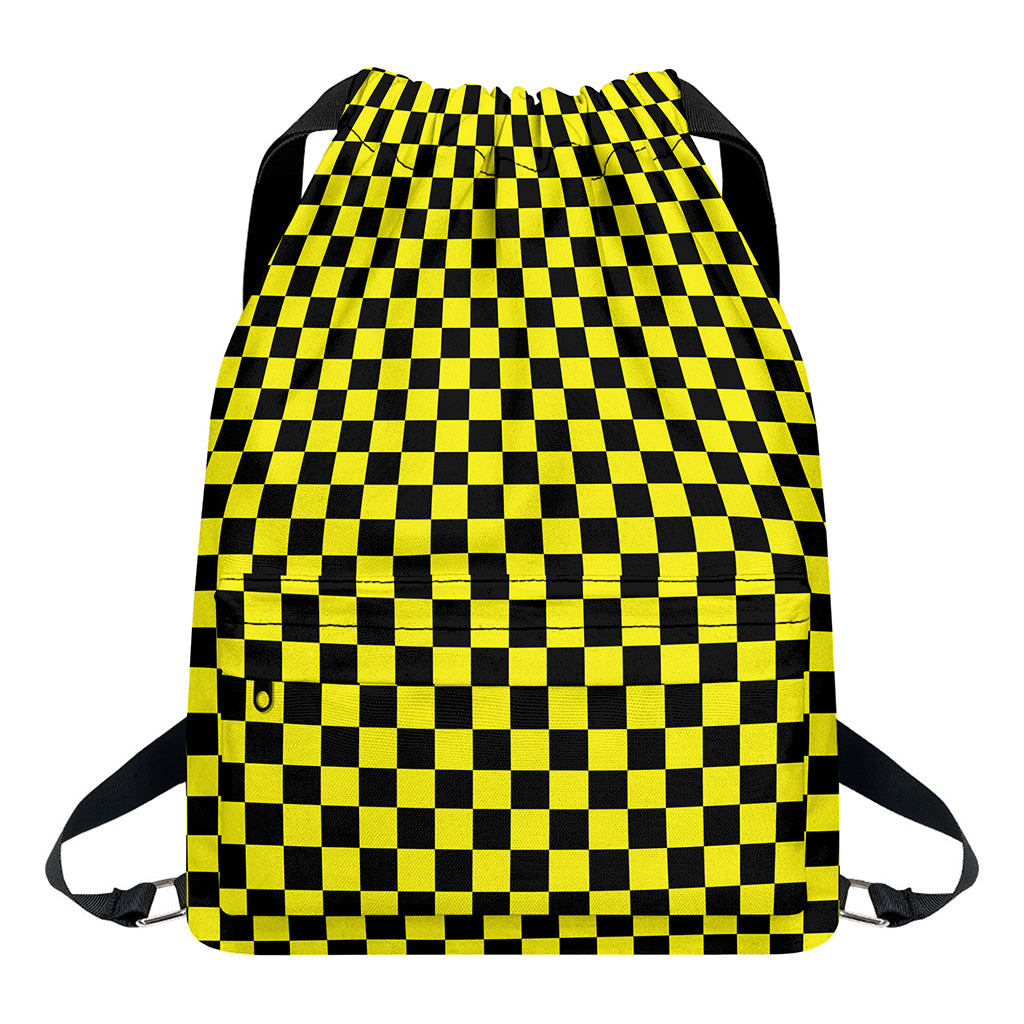 Yellow And Black Checkered Pattern Print Drawstring Backpack