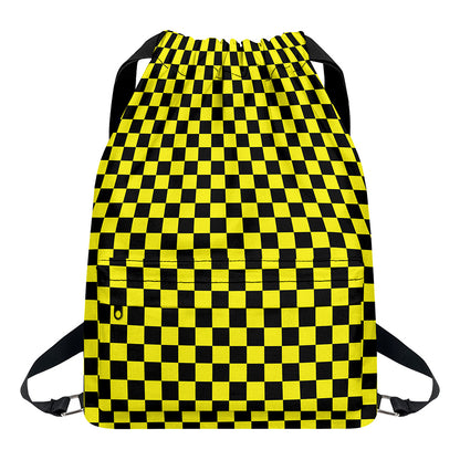 Yellow And Black Checkered Pattern Print Drawstring Backpack