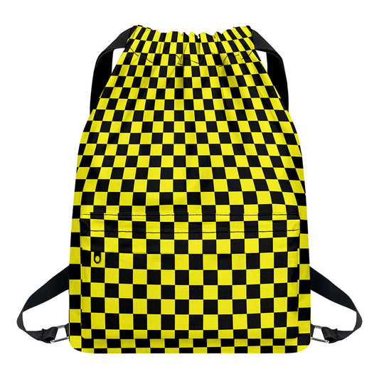 Yellow And Black Checkered Pattern Print Drawstring Backpack