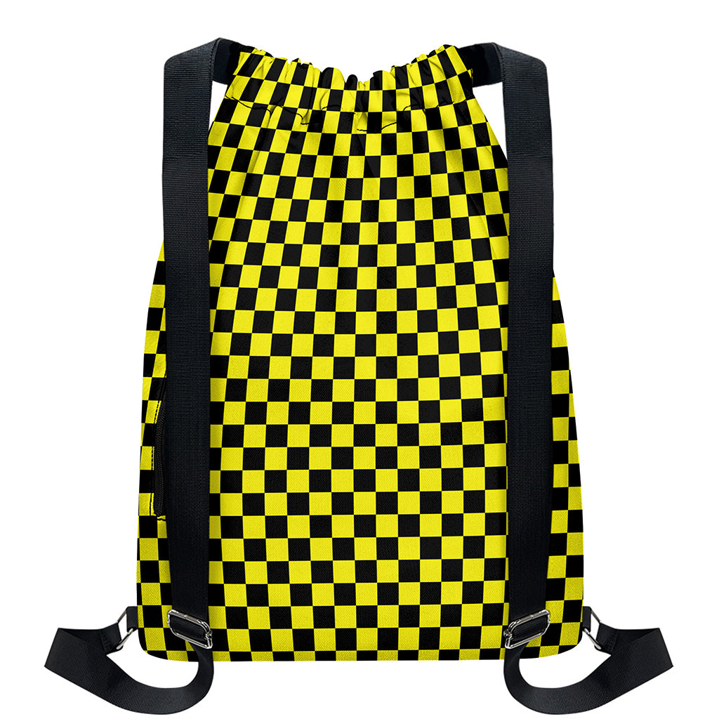 Yellow And Black Checkered Pattern Print Drawstring Backpack