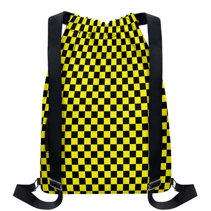 Yellow And Black Checkered Pattern Print Drawstring Backpack