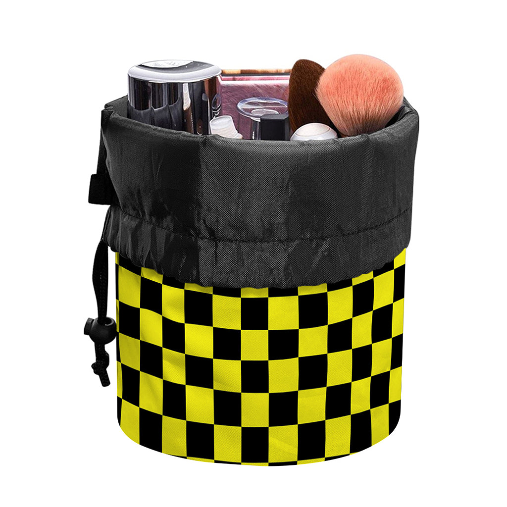 Yellow And Black Checkered Pattern Print Drawstring Makeup Bag