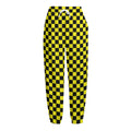 Yellow And Black Checkered Pattern Print Fleece Lined Knit Pants