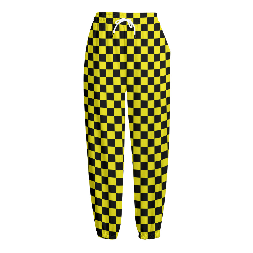 Yellow And Black Checkered Pattern Print Fleece Lined Knit Pants