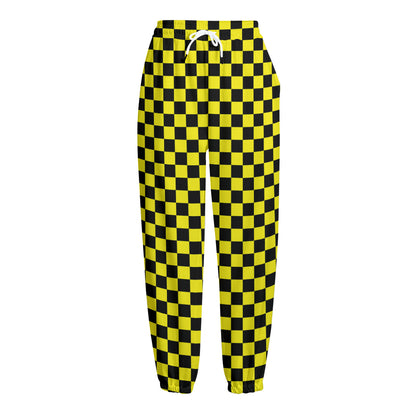 Yellow And Black Checkered Pattern Print Fleece Lined Knit Pants