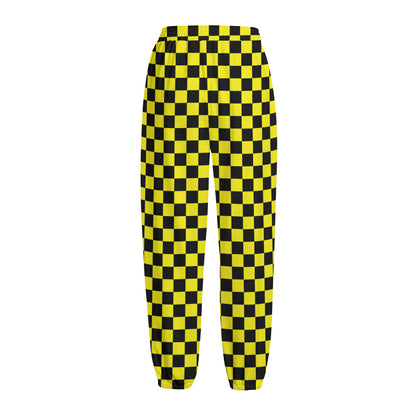 Yellow And Black Checkered Pattern Print Fleece Lined Knit Pants