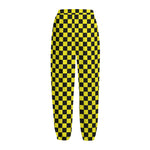 Yellow And Black Checkered Pattern Print Fleece Lined Knit Pants