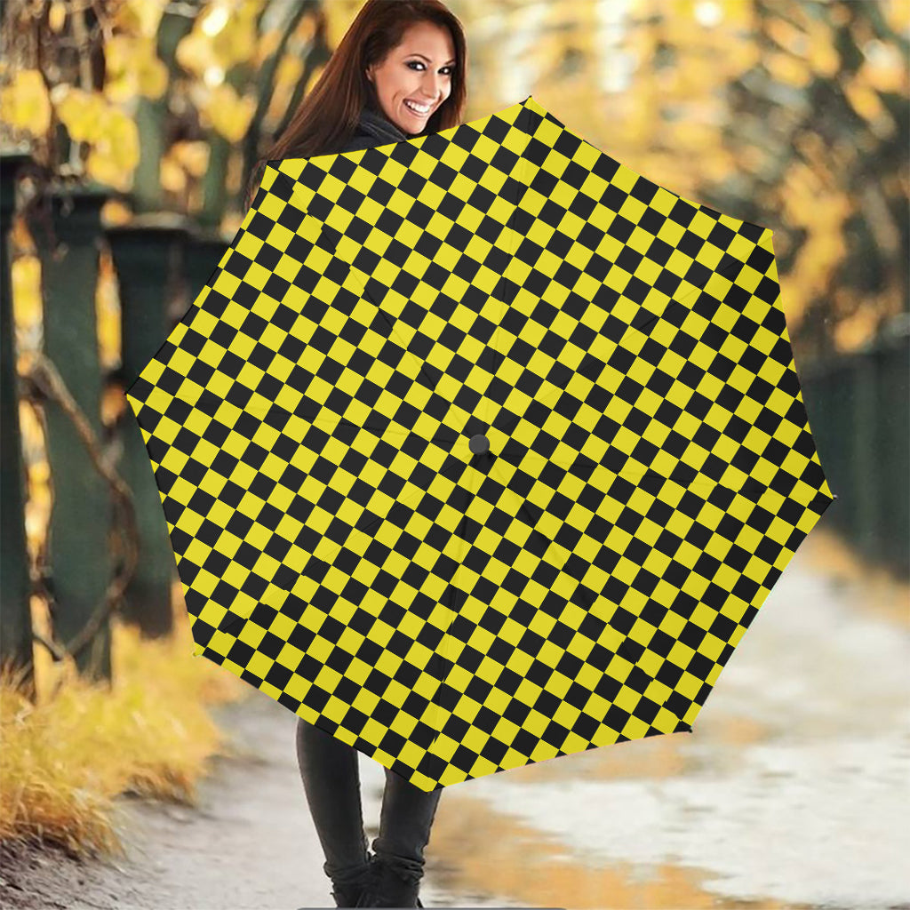 Yellow And Black Checkered Pattern Print Foldable Umbrella