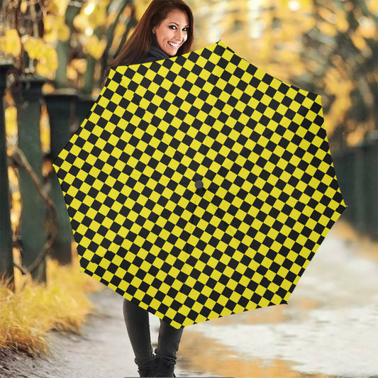Yellow And Black Checkered Pattern Print Foldable Umbrella