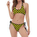 Yellow And Black Checkered Pattern Print Halter Scoop Tie Side Bikini
