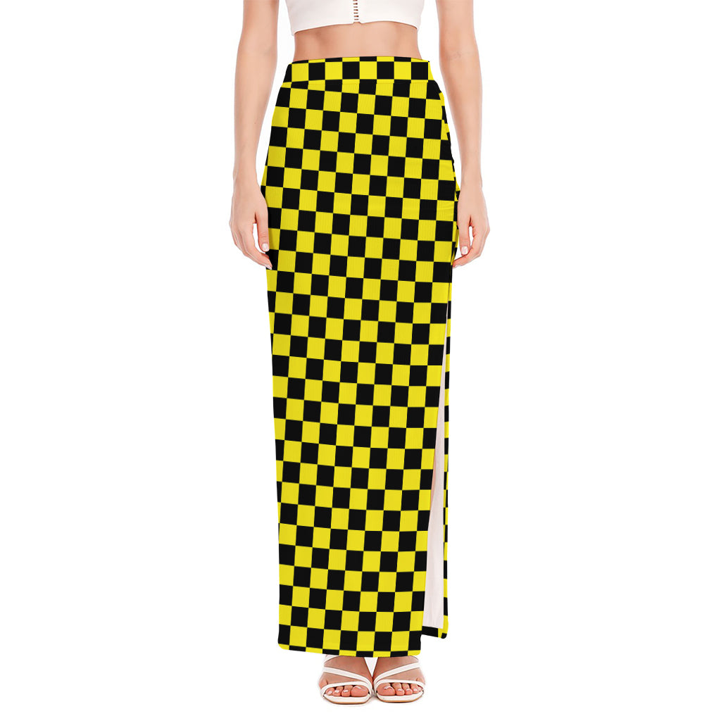 Yellow And Black Checkered Pattern Print High Slit Maxi Skirt