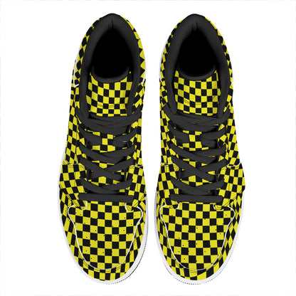 Yellow And Black Checkered Pattern Print High Top Leather Sneakers