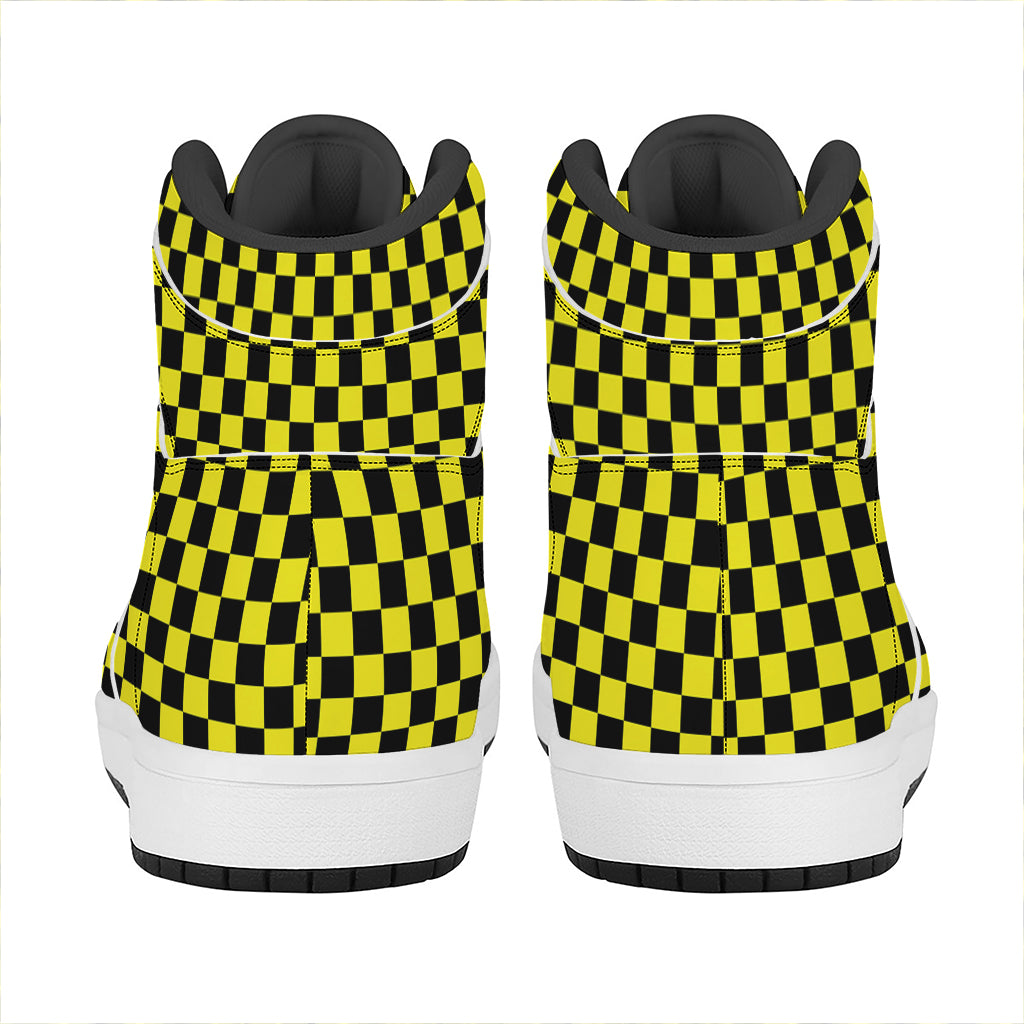 Yellow And Black Checkered Pattern Print High Top Leather Sneakers