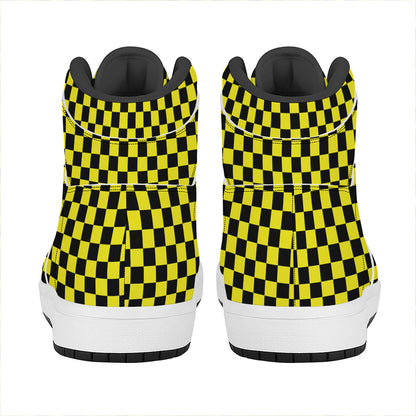 Yellow And Black Checkered Pattern Print High Top Leather Sneakers