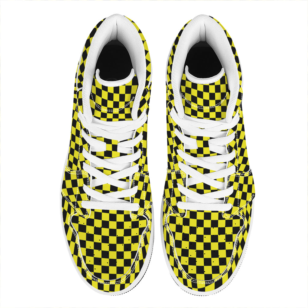 Yellow And Black Checkered Pattern Print High Top Leather Sneakers