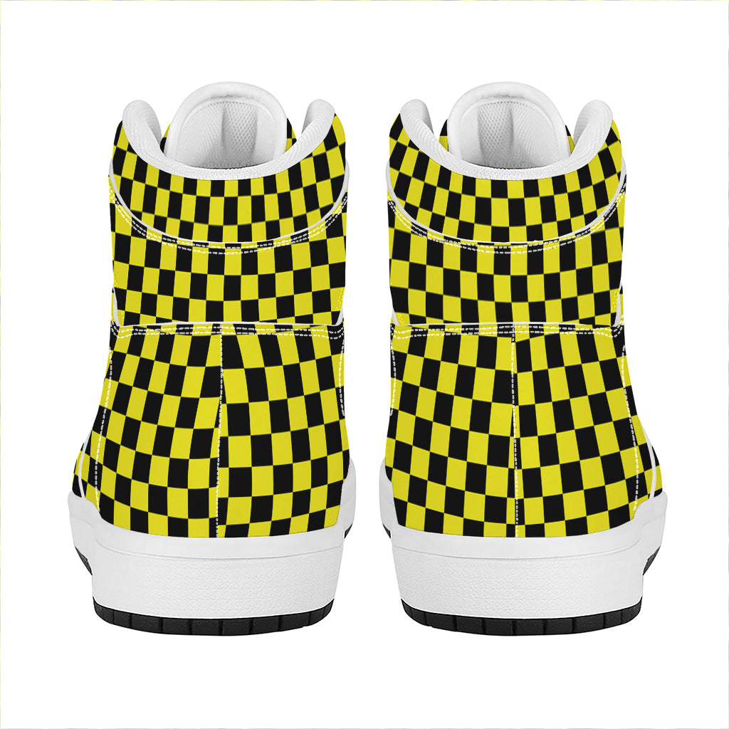 Yellow And Black Checkered Pattern Print High Top Leather Sneakers