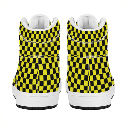 Yellow And Black Checkered Pattern Print High Top Leather Sneakers