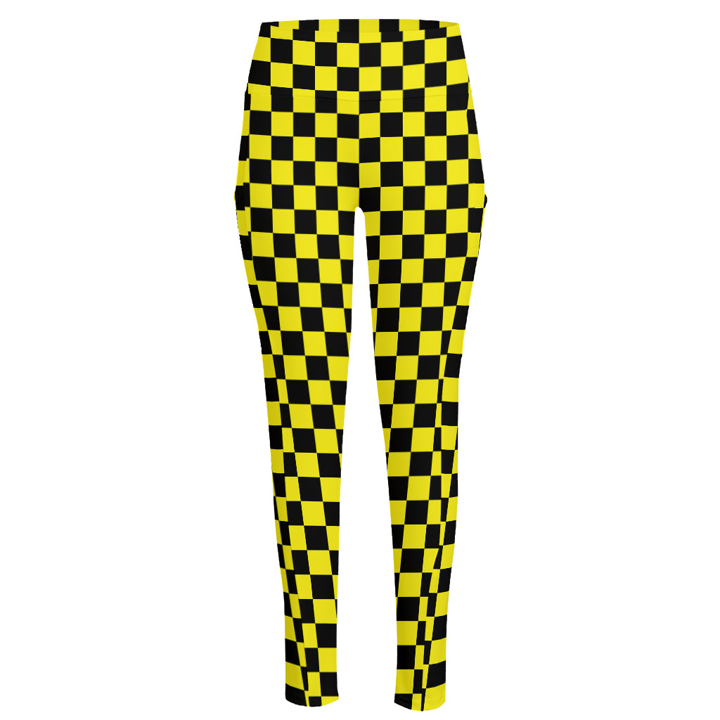 Yellow And Black Checkered Pattern Print High-Waisted Pocket Leggings