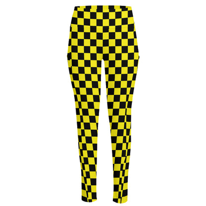 Yellow And Black Checkered Pattern Print High-Waisted Pocket Leggings