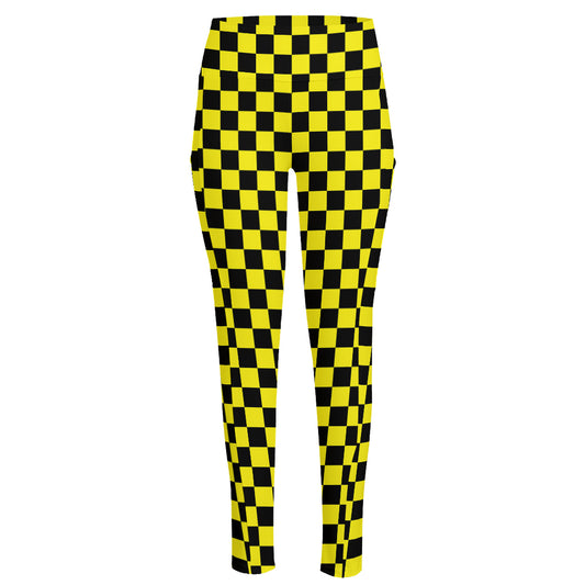 Yellow And Black Checkered Pattern Print High-Waisted Pocket Leggings