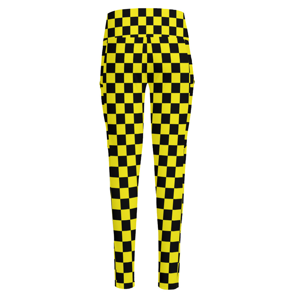 Yellow And Black Checkered Pattern Print High-Waisted Pocket Leggings