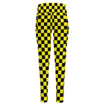 Yellow And Black Checkered Pattern Print High-Waisted Pocket Leggings
